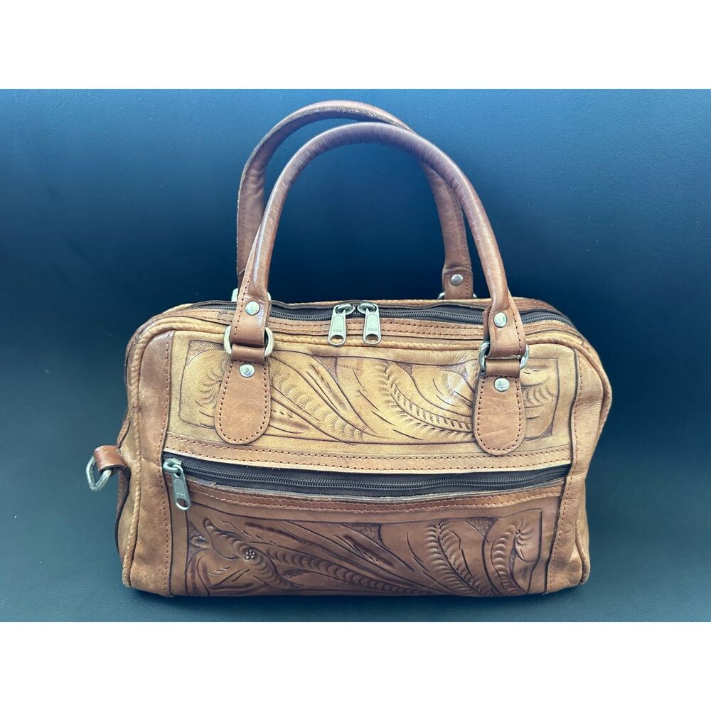 Vintage Hand Tooled Leather Satchel Bag Western Tooled Crossbody Purse Brown - Picture 8 of 16
